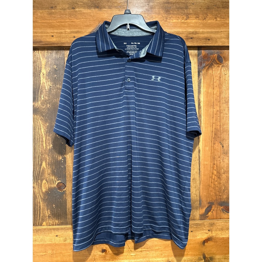 Under Armour Mens Playoff Polo Shirt XL‎ Navy Blue Striped HeatGear Golf Top
